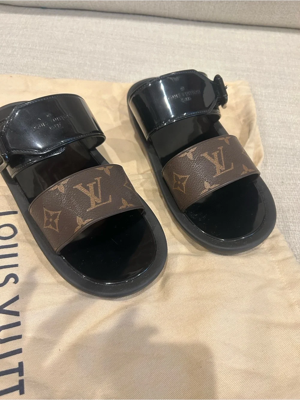 ***Authentic*** Louis Vuitton Black & Brown Monogram Slide Sandals